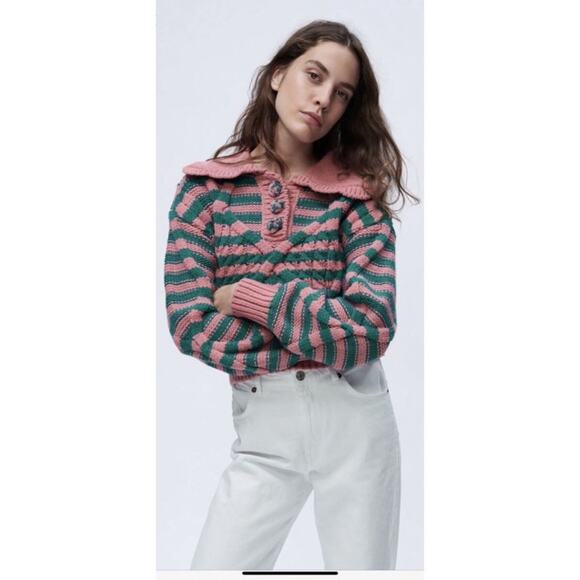 Zara Pink Green Striped Cable Knit Sweater Peter Pan Collar Womens Size L - Picture 4 of 9